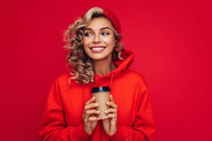 portrait of smiling girl holding disposable mug of coffee